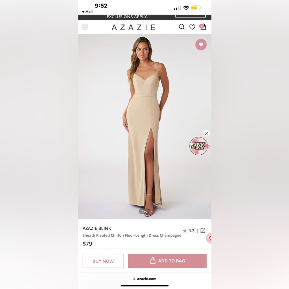 Never altered, Azazie size A10 Blink, chiffon champagne bridesmaid dress